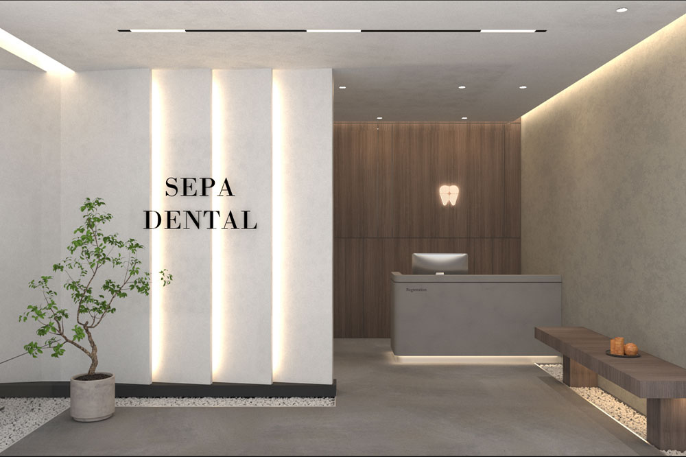 Modern dental clinic hallway with treatment rooms and seating area