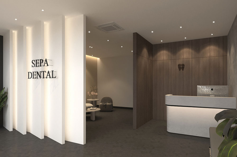 Modern dental clinic hallway with treatment rooms and seating area